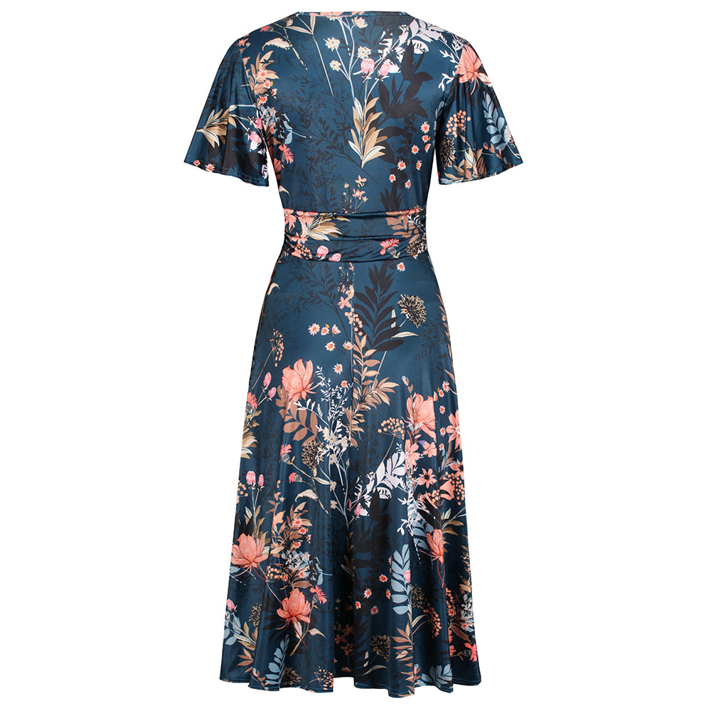Dark Teal Green Floral Print Cap Sleeve V Neck Wrap Top Swing Dress - Pretty Kitty Fashion