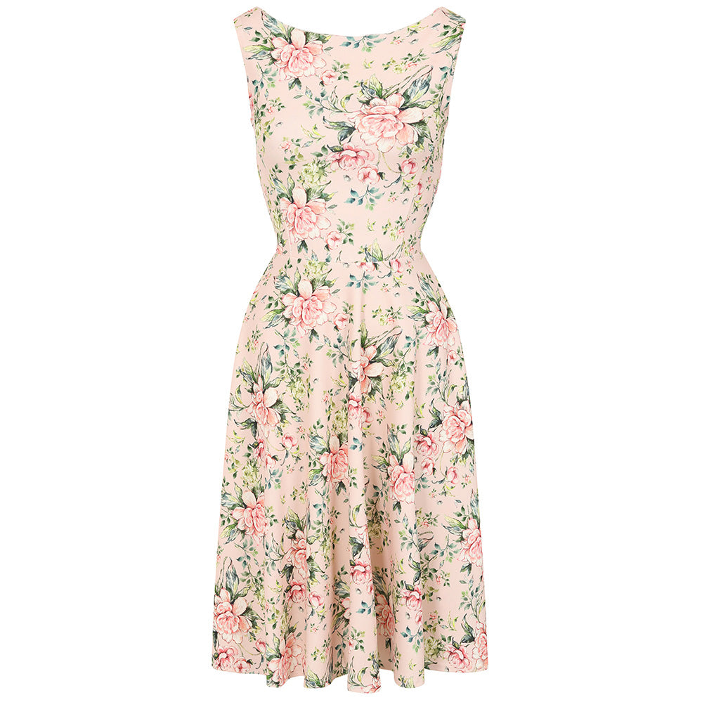 Vintage Pink Floral Audrey Hepburn Style Sleeveless 50s Swing Dress