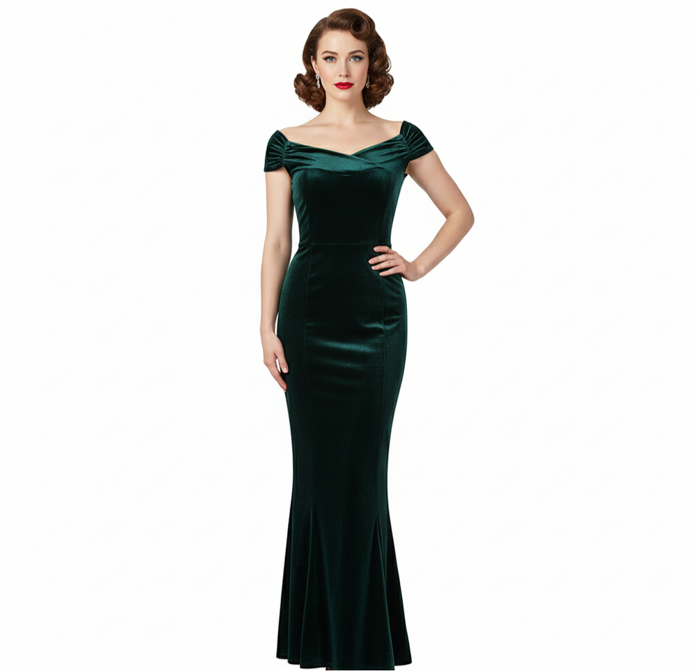 Green Cap Sleeve Crossover Bust Fishtail Hem Velour Maxi Dress