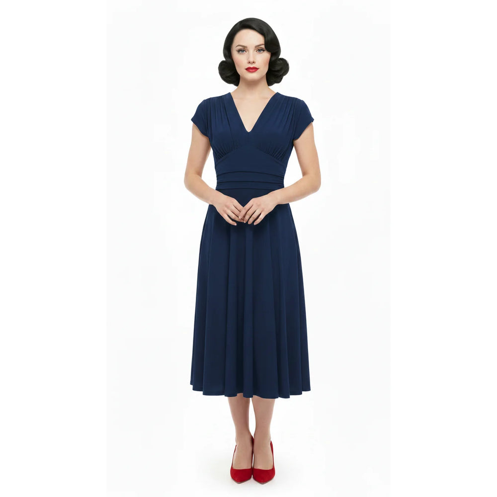 Navy Cap Sleeve Ruched Deep V Neck Dress