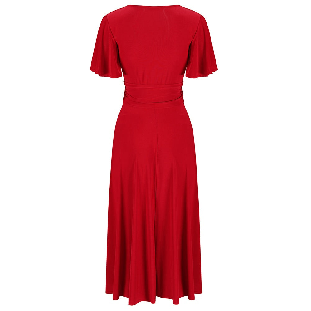 Red Cap Sleeve Crossover V Neck Wrap Top Swing Dress - Pretty Kitty Fashion
